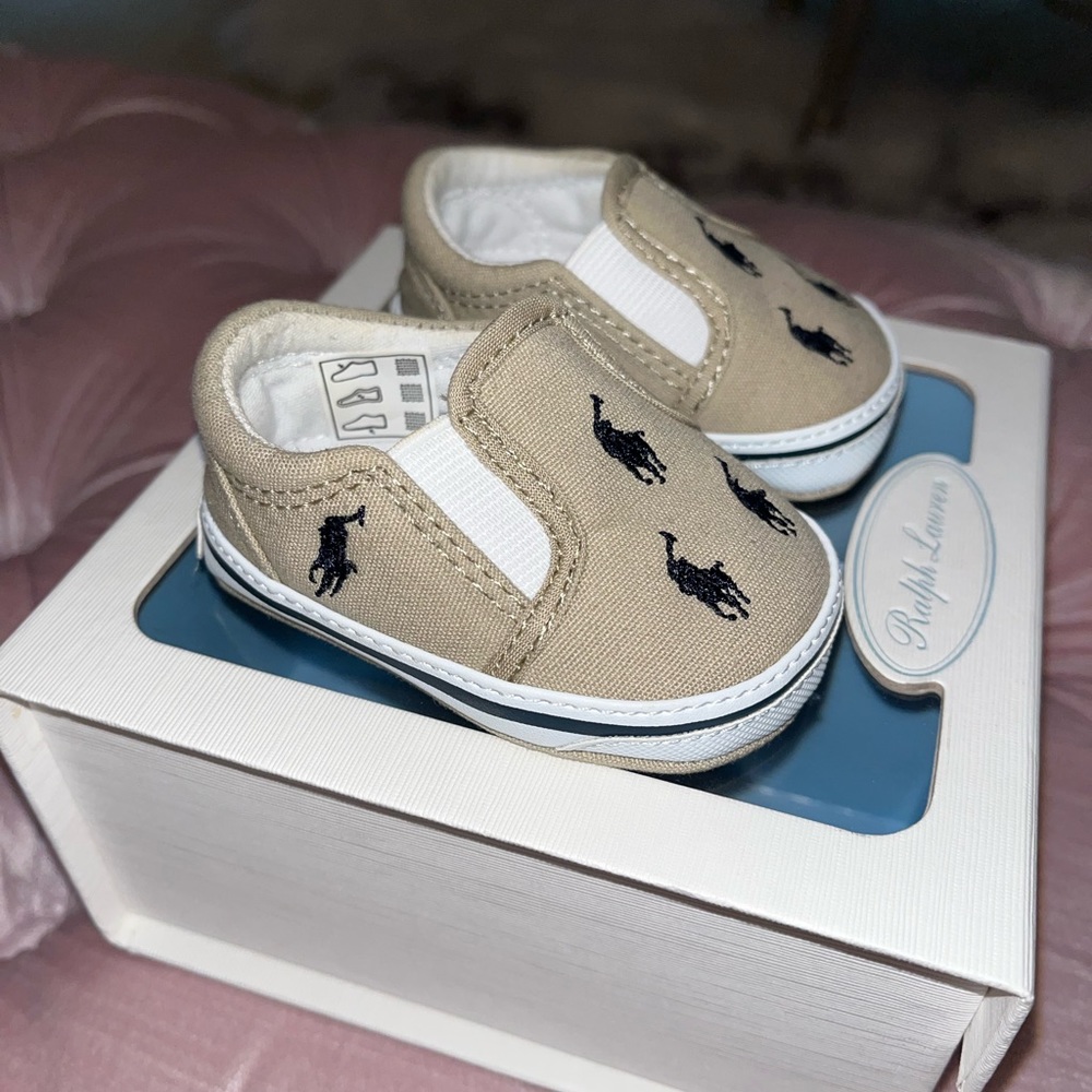Ralph Lauren loafers. Infant size 1. Tan w/ blue polo man & horse. Brand new